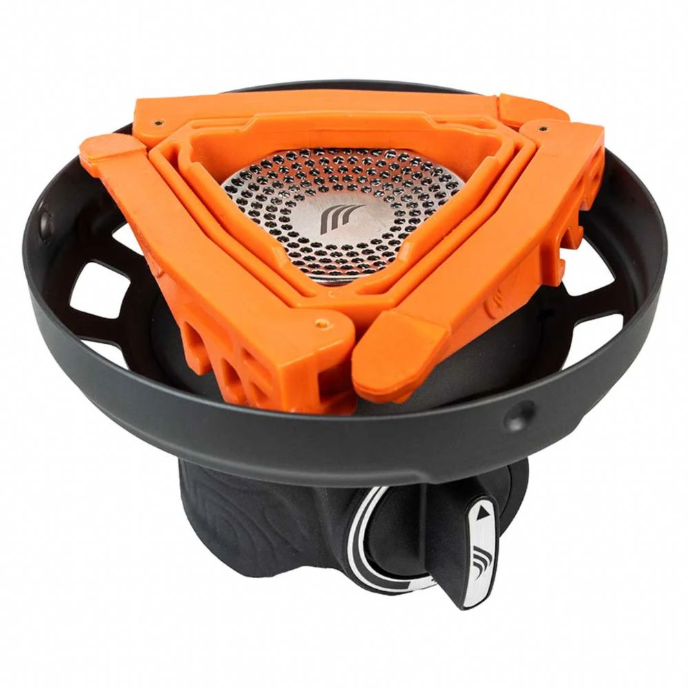 Orange and black camping stove on a white background