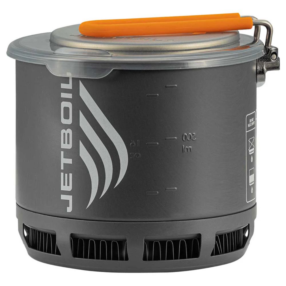 Gray camping stove with orange handle and Jetboil logo on a white background