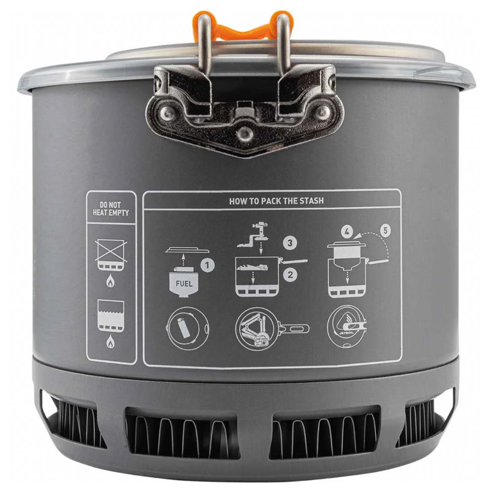 Gray camping stove with instructional diagrams on a white background