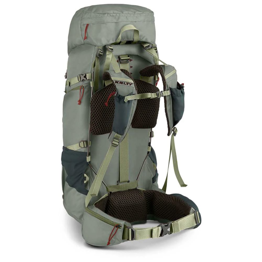 Gray hiking backpack with multiple compartments and straps on a white background