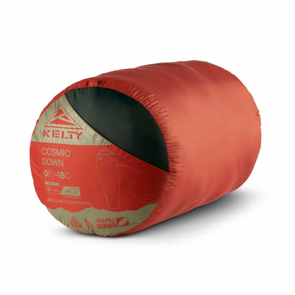 Red sleeping bag with KELTY branding on a white background