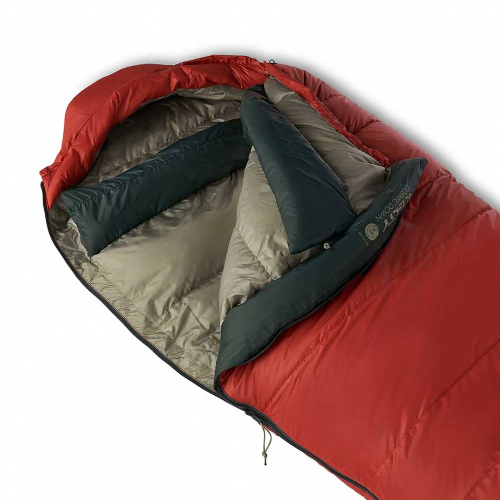 Red and gray sleeping bag on a white background
