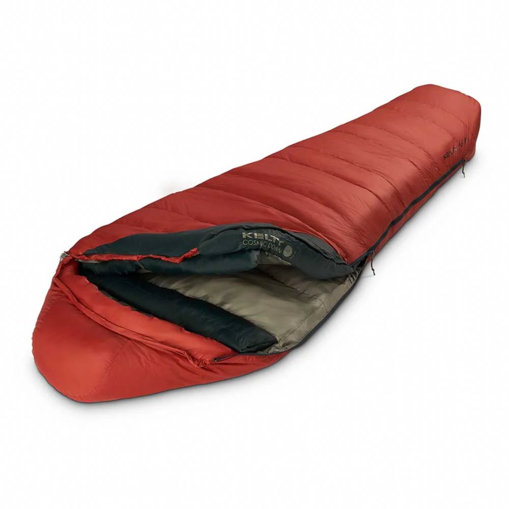 Red sleeping bag with KELTY branding on a white background