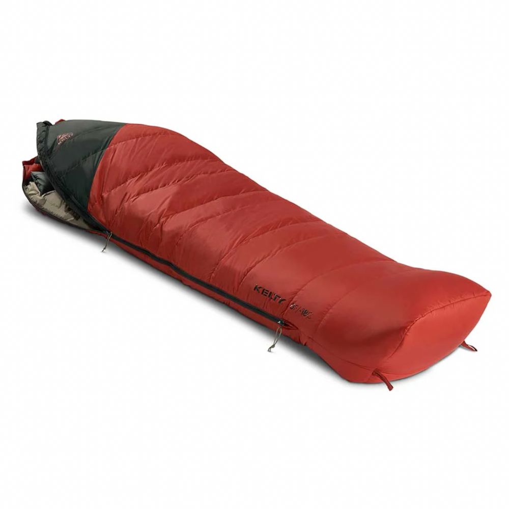 Red sleeping bag with black accents on a white background