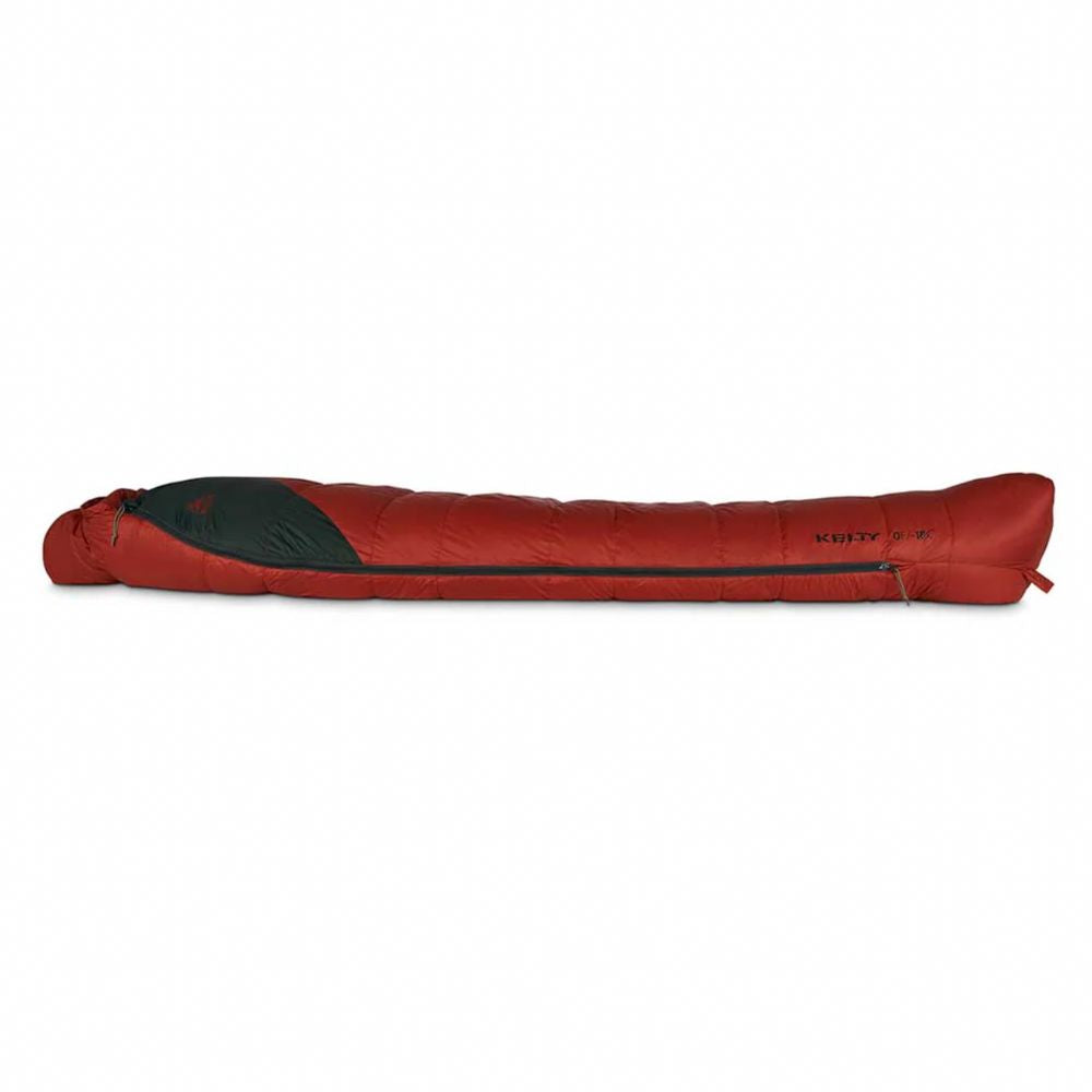 Red sleeping bag with black interior on a white background