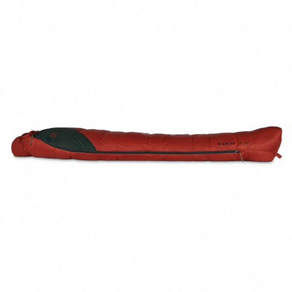 Red sleeping bag with black interior on a white background