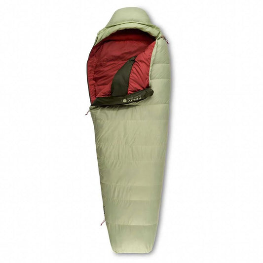 Green and red sleeping bag on a white background