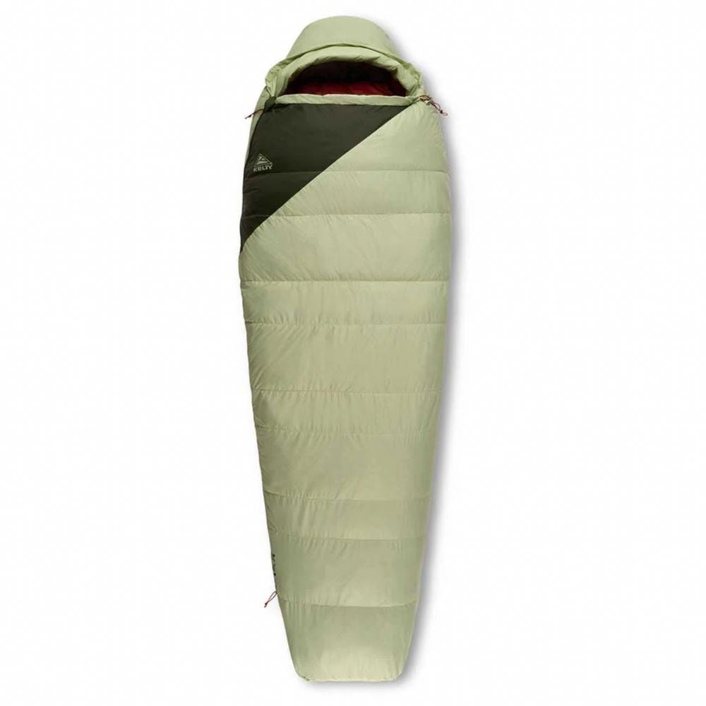 Green sleeping bag with a black patch on a white background