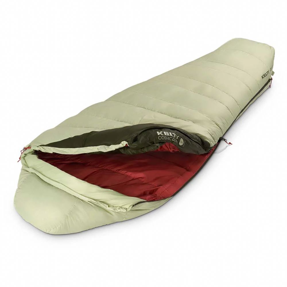 Green sleeping bag with red interior on a white background