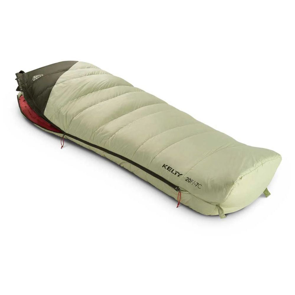 Green sleeping bag with red interior on a white background, featuring the Kelty brand.