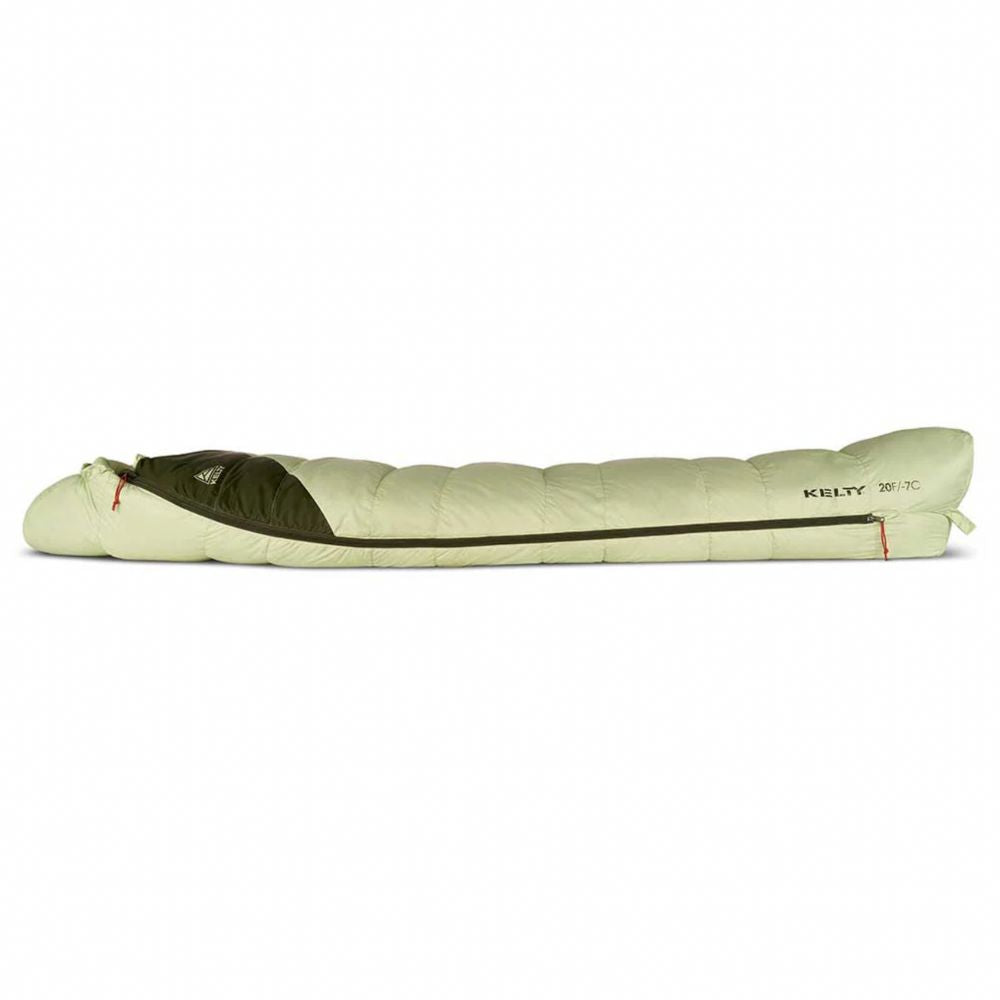 Green sleeping bag with a visible brand logo on a white background