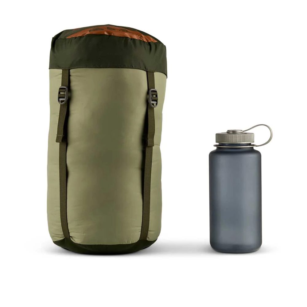 Green backpack and gray water bottle on a white background