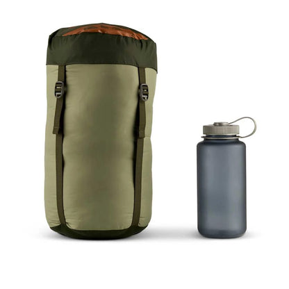 Green backpack and gray water bottle on a white background