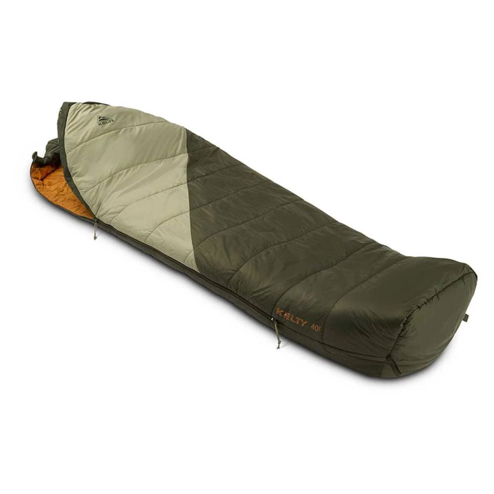 Green sleeping bag with orange interior on a white background