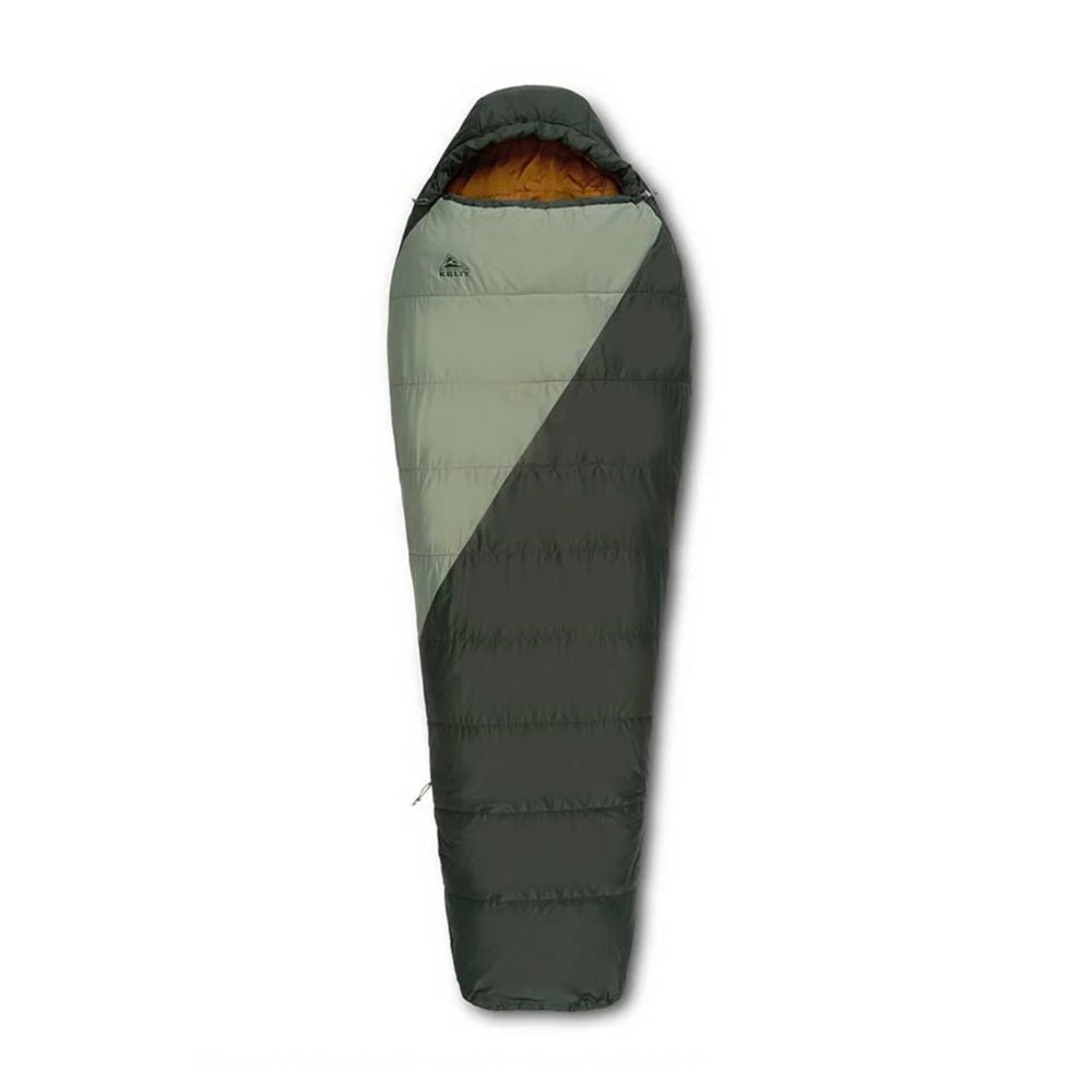 Green and gray sleeping bag on a white background