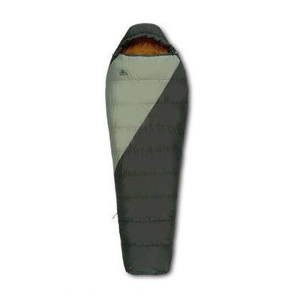 Green and gray sleeping bag on a white background