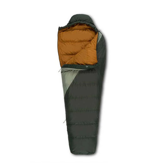 Green and brown sleeping bag on a white background