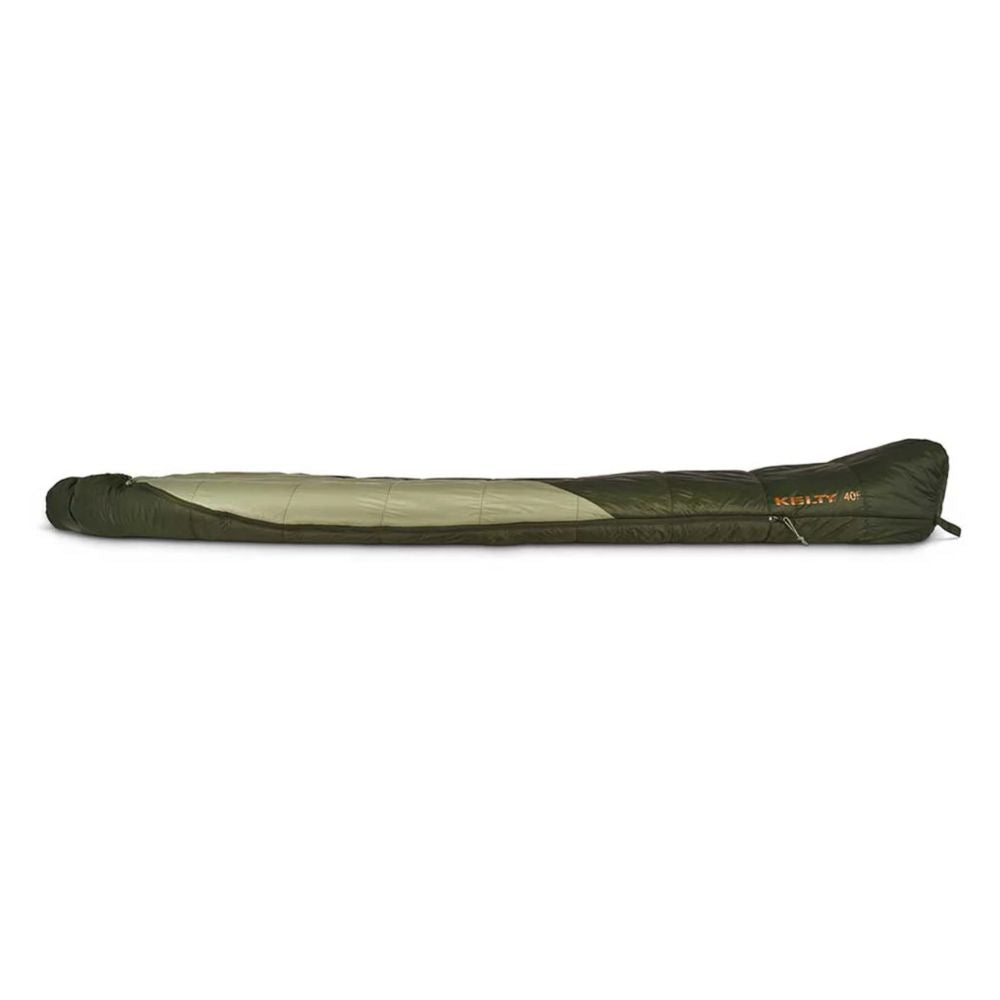 Green and beige sleeping bag on a white background