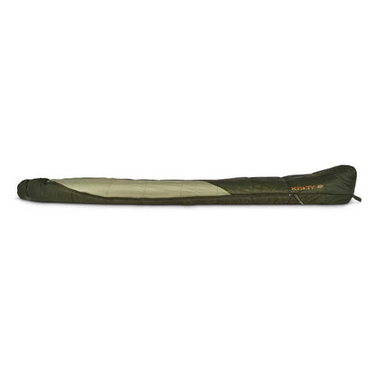 Green and beige sleeping bag on a white background