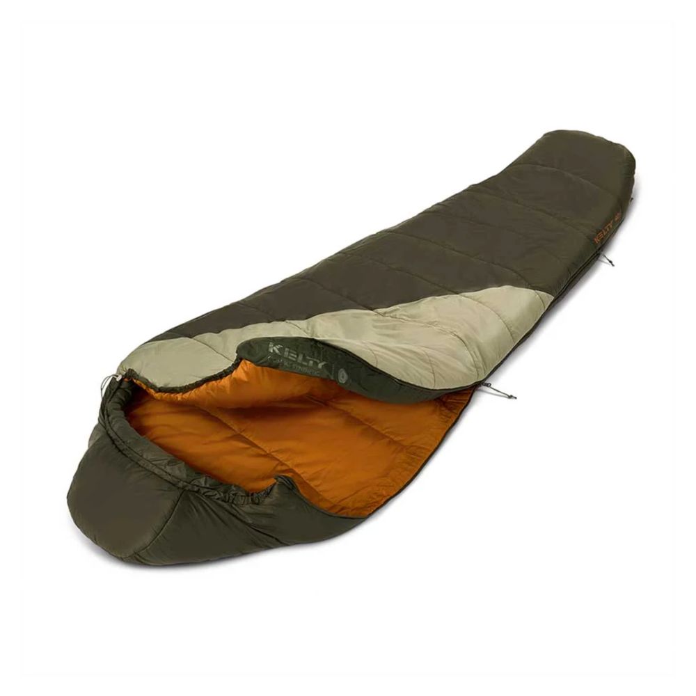 Green and brown sleeping bag with Kelty branding on a white background