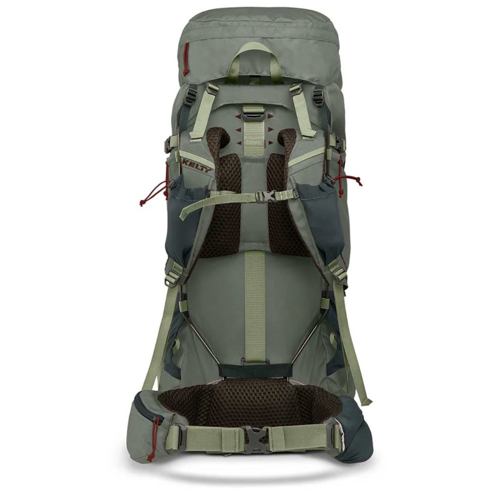 Gray hiking backpack with multiple straps and a brand logo on a white background
