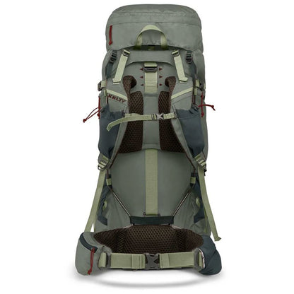 Gray hiking backpack with multiple straps and a brand logo on a white background