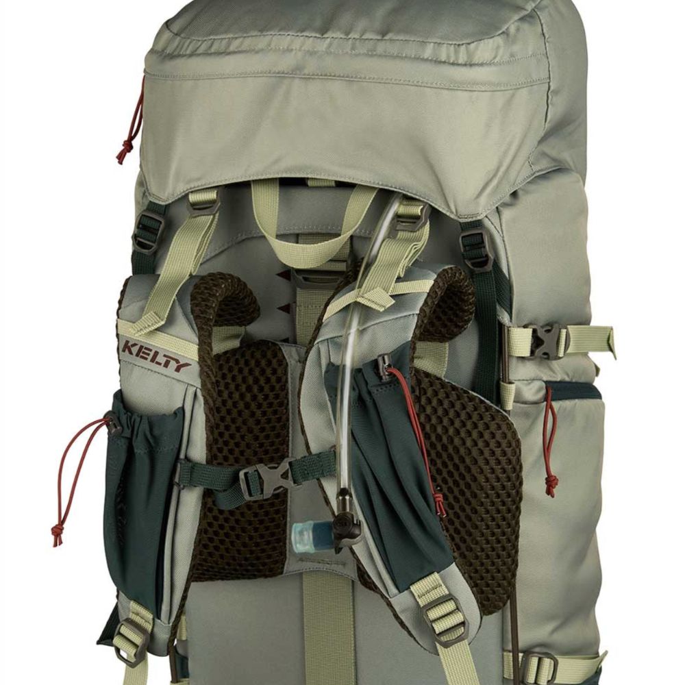 Gray hiking backpack with multiple straps and compartments on a white background