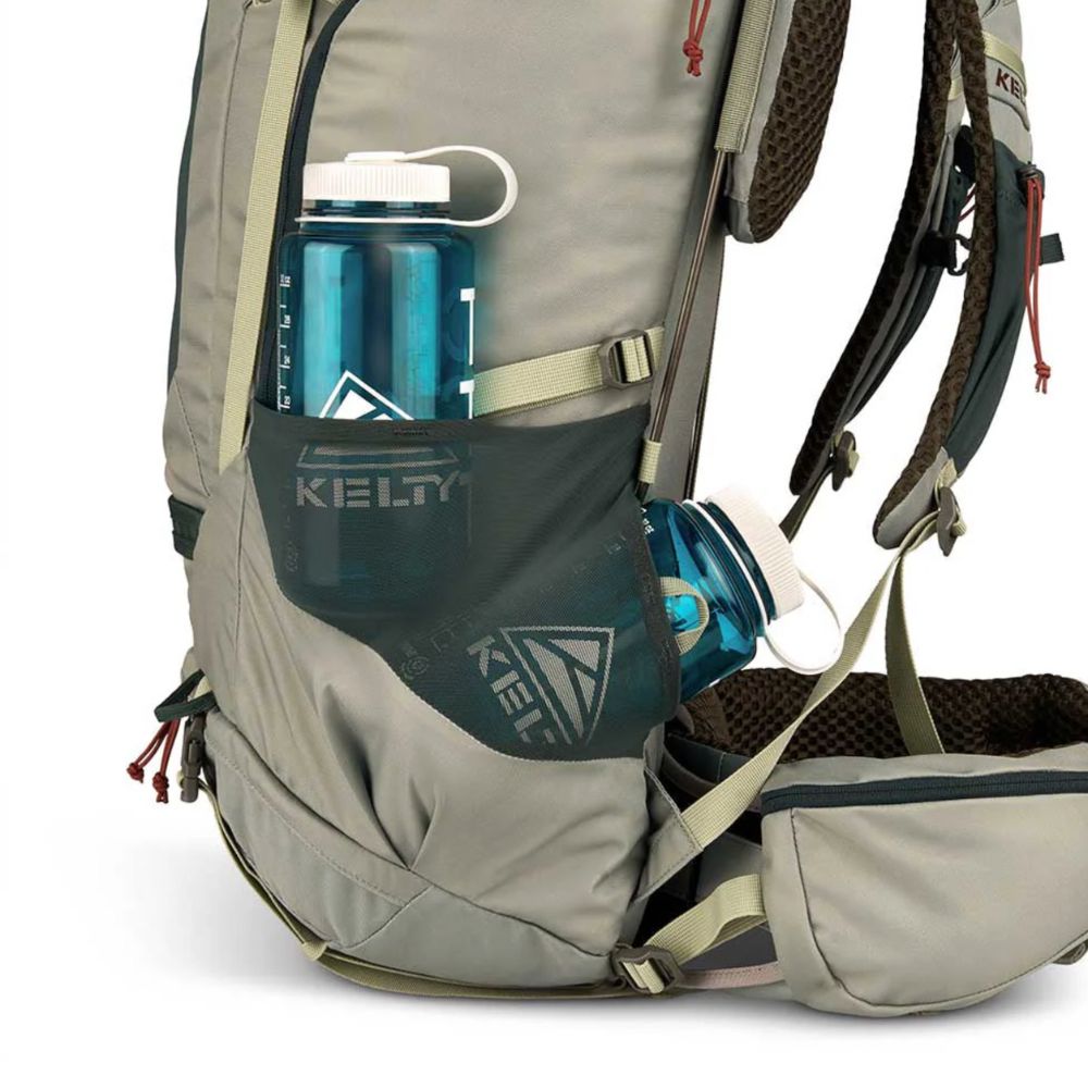 Gray hiking backpack with water bottles on a white background