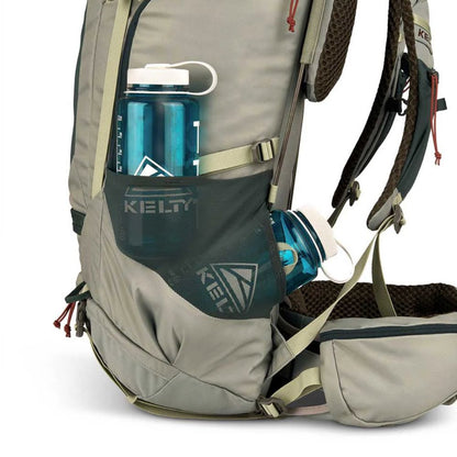Gray hiking backpack with water bottles on a white background