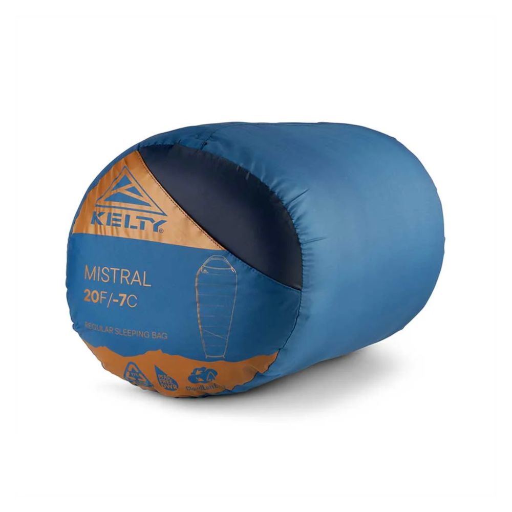 Blue sleeping bag with Kelty branding on a white background