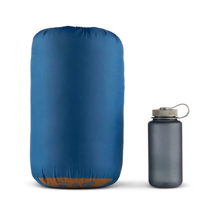 Blue compression sack and gray water bottle on a white background