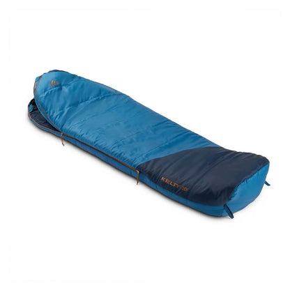 Blue sleeping bag with Kelty branding on a white background