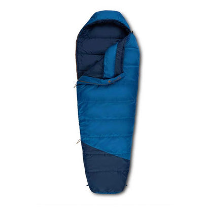 Blue and navy sleeping bag on a white background