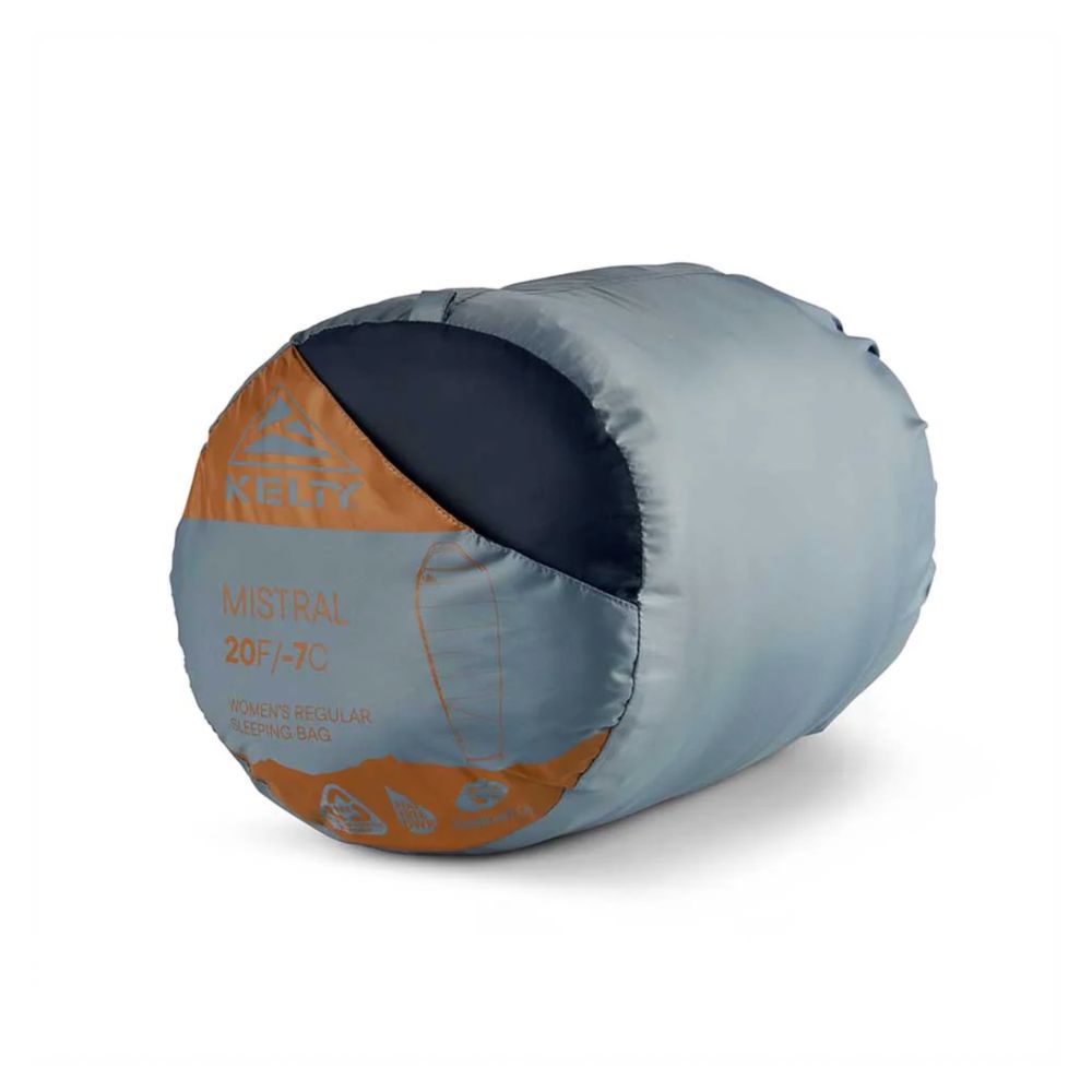 Blue sleeping bag with orange and black accents on a white background