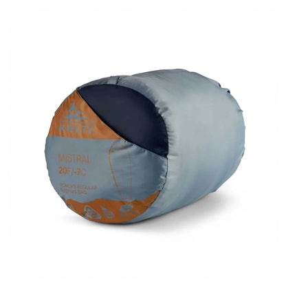 Blue sleeping bag with orange and black accents on a white background