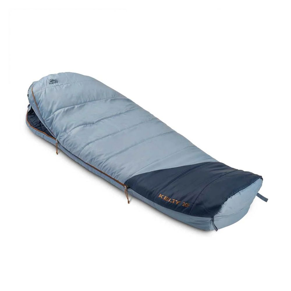 Blue sleeping bag with a dark blue base on a white background