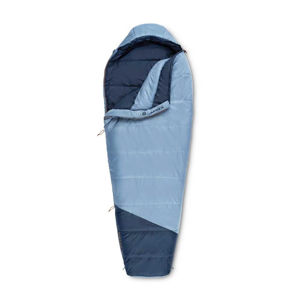 Blue and navy sleeping bag on a white background