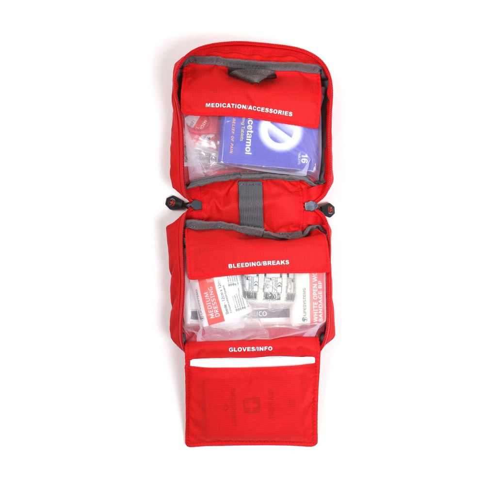 Lifesystems Adventurer First Aid Kit with various compartments on a white background