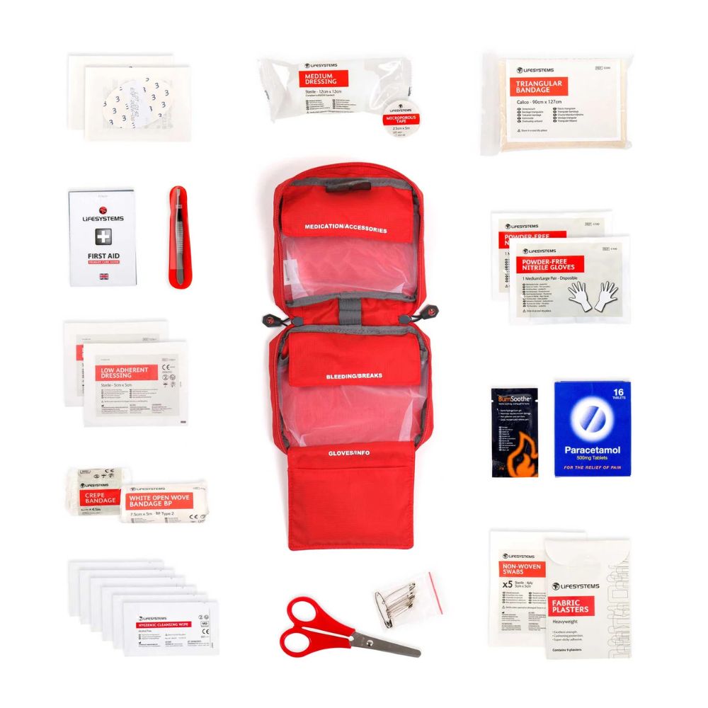 Lifesystems Adventurer First Aid Kit with various medical supplies on a white background