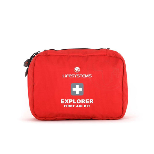 Red first aid kit with 'Lifesystems' branding on a white background