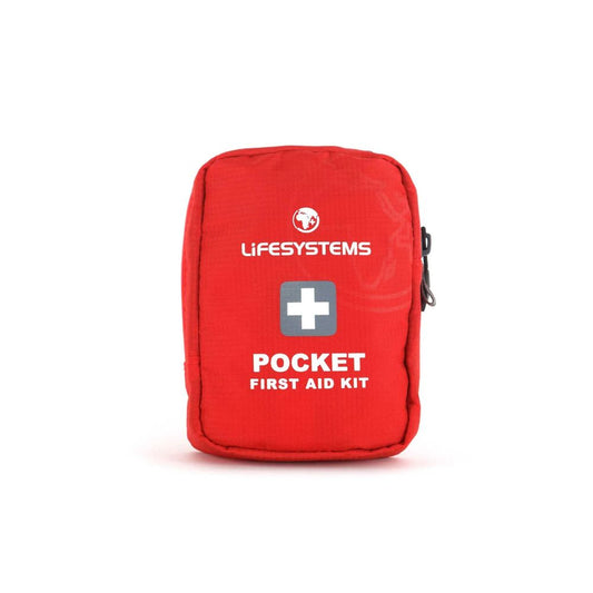 Red first aid kit with 'Lifesystems' branding on a white background