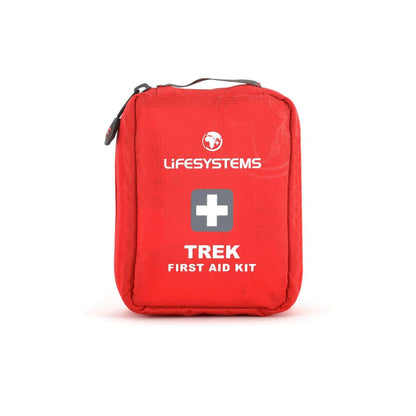 Red first aid kit with 'Lifesystems' branding on a white background