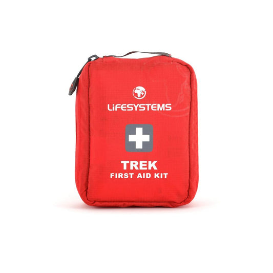 Red first aid kit with 'Lifesystems' branding on a white background