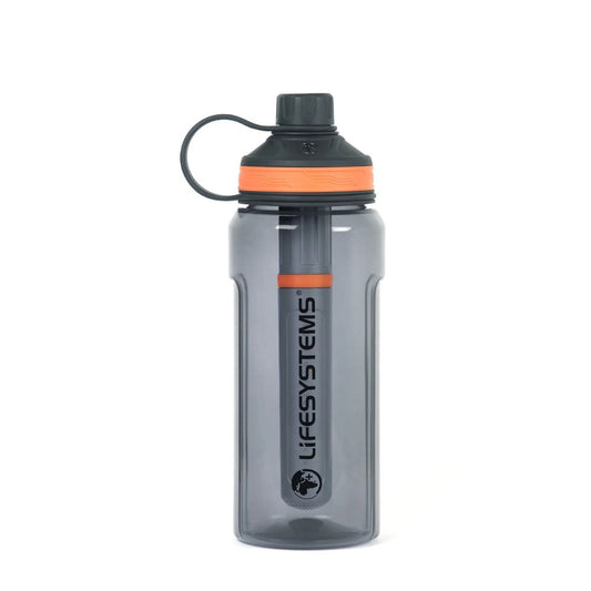 Gray water bottle with black cap and orange band, featuring 'Lifesystems' branding on a white background.