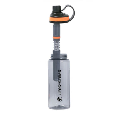 Clear water bottle with black cap and orange band, featuring 'Lifesystems' branding on a white background.