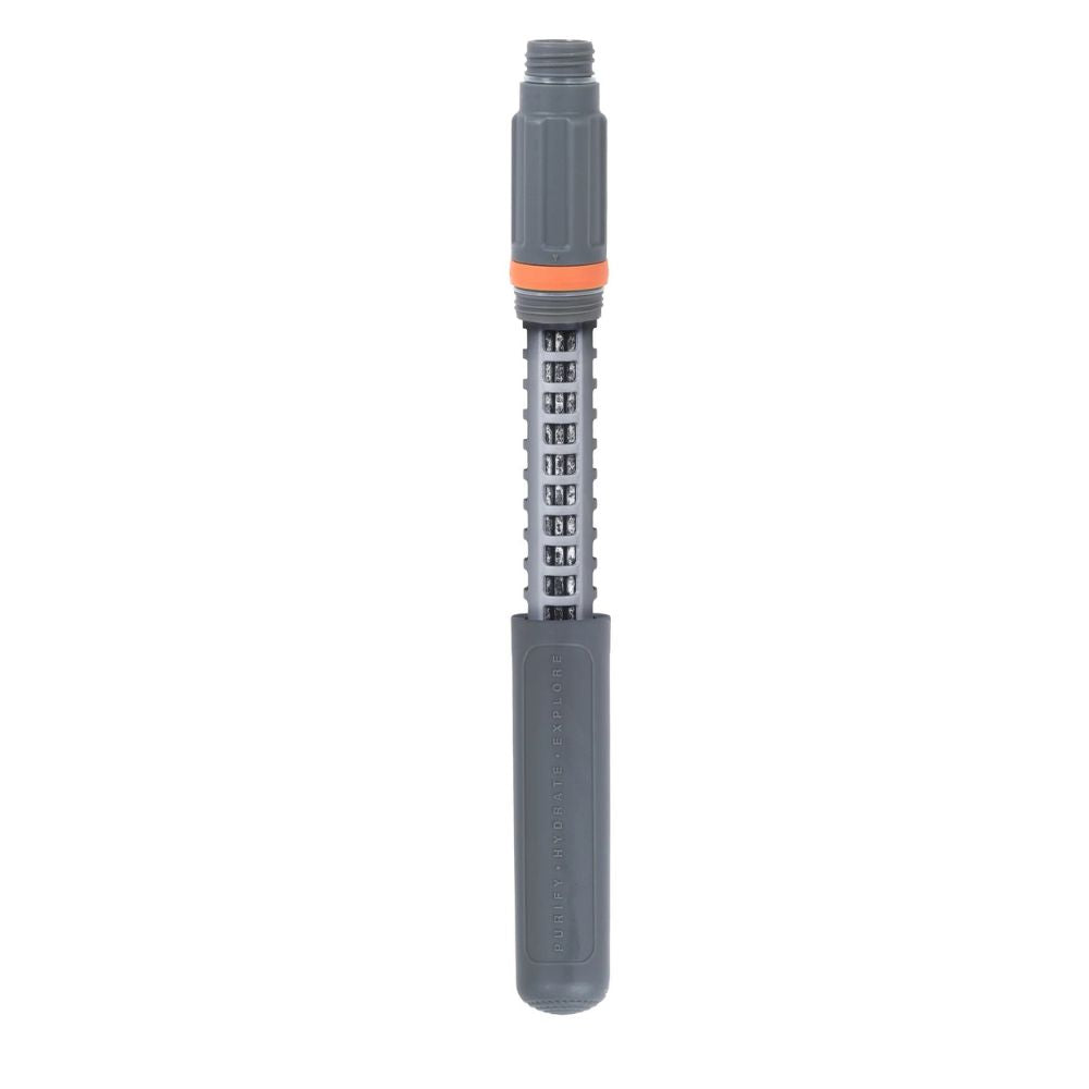 Gray and orange adjustable garden hose nozzle on a white background