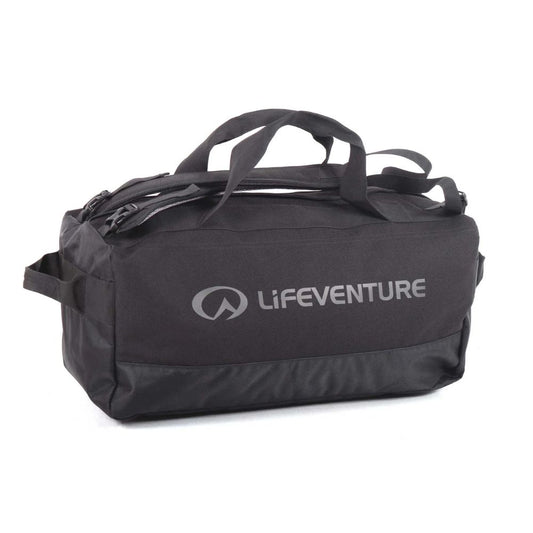 Black duffel bag with Lifeventure logo on a white background