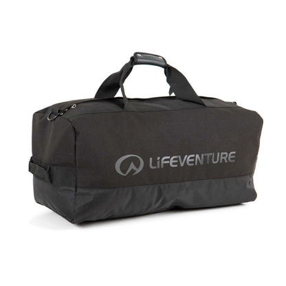 Black duffel bag with 'Lifeventure' logo on a white background