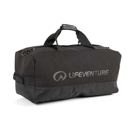 Black duffel bag with 'Lifeventure' logo on a white background