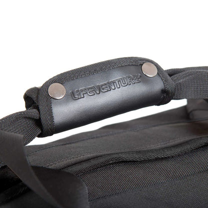 Close-up of a black bag with a Lifeventure strap and logo on a white background